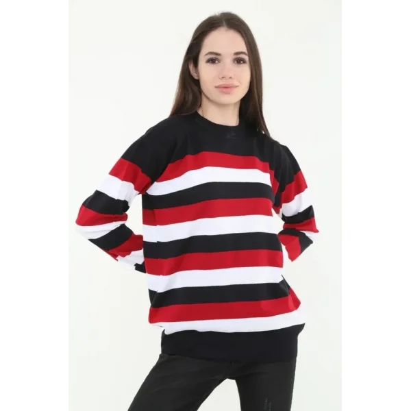 Çizgili Nakışlı Kazak - Siyah