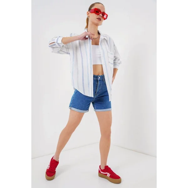 Çizgili Oversize Gömlek 20278 - Beyaz