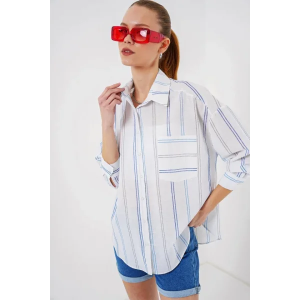 Çizgili Oversize Gömlek 20278 - Beyaz