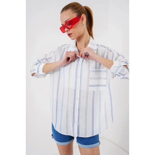 Çizgili Oversize Gömlek 20278 - Beyaz