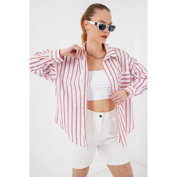 Çizgili Oversize Gömlek 20278 - Kırmızı
