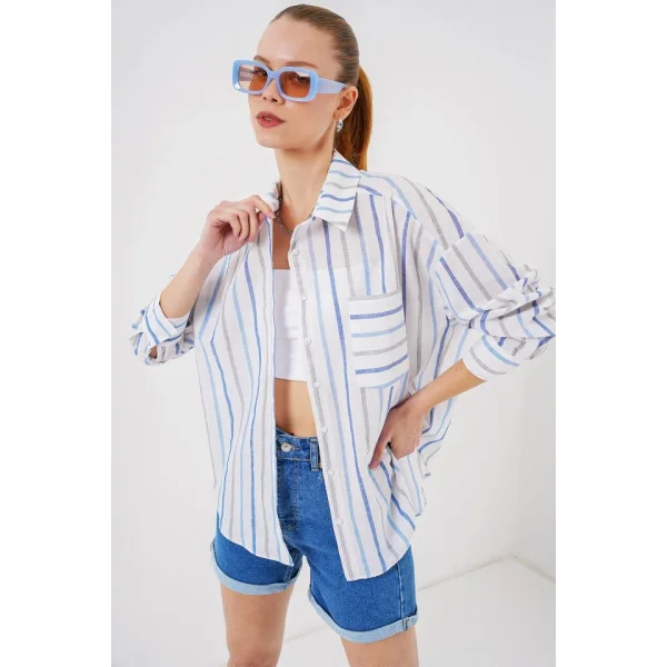 Çizgili Oversize Gömlek 20278 - Mavi