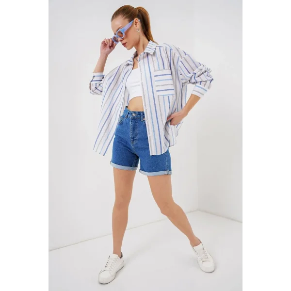 Çizgili Oversize Gömlek 20278 - Mavi