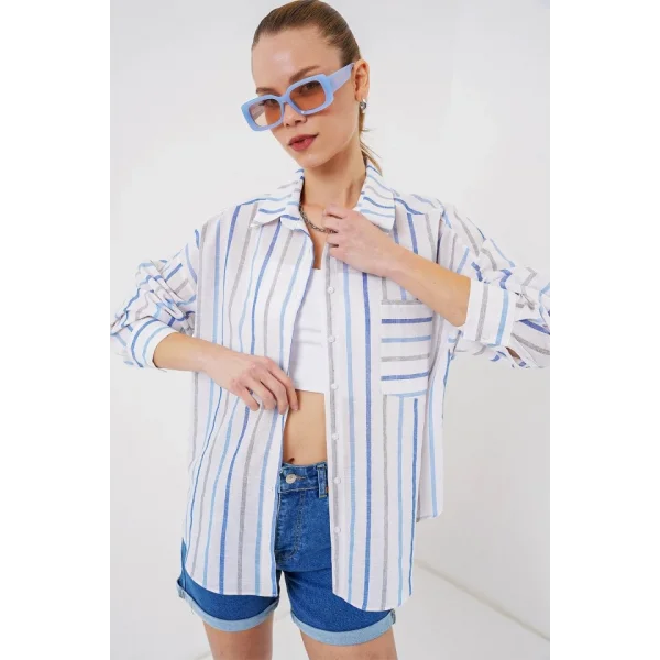 Çizgili Oversize Gömlek 20278 - Mavi