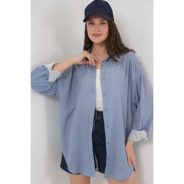 Çizgili Oversize Gömlek 20295  İndigo