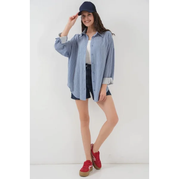 Çizgili Oversize Gömlek 20295  İndigo