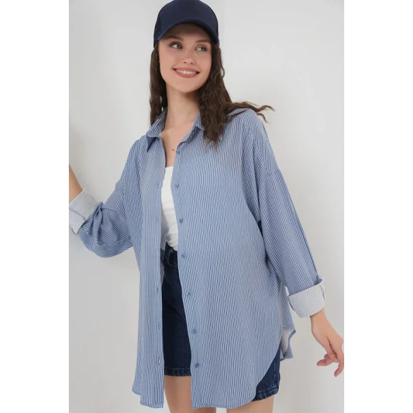 Çizgili Oversize Gömlek 20295  İndigo