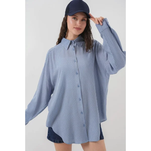 Çizgili Oversize Gömlek 20295  İndigo