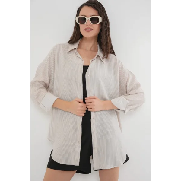 Çizgili Oversize Gömlek 20295  Krem