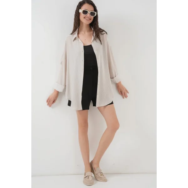 Çizgili Oversize Gömlek 20295  Krem