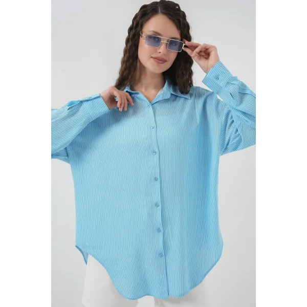 Çizgili Oversize Gömlek 20295  Mavi