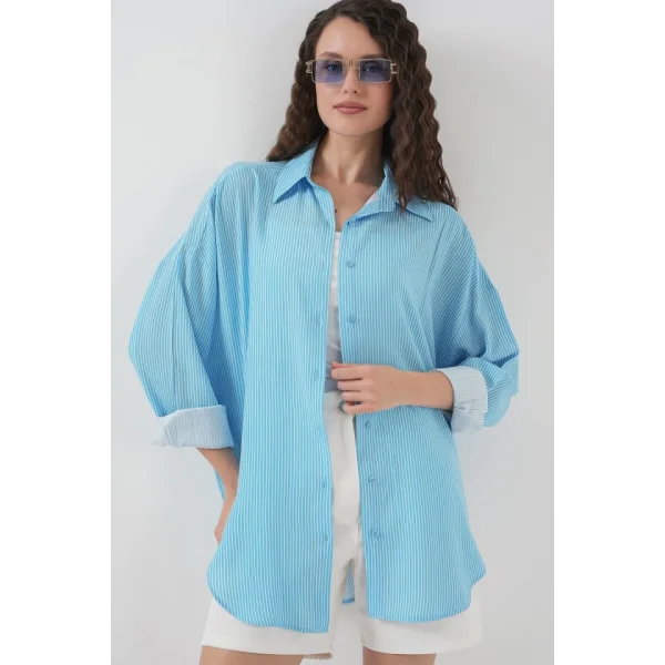 Çizgili Oversize Gömlek 20295  Mavi