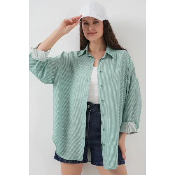 Çizgili Oversize Gömlek 20295  Mint