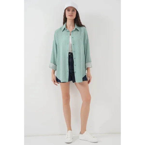 Çizgili Oversize Gömlek 20295  Mint