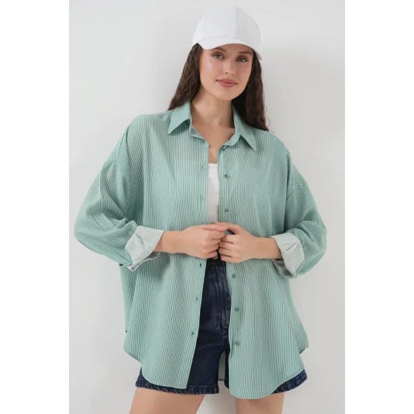 Çizgili Oversize Gömlek 20295  Mint