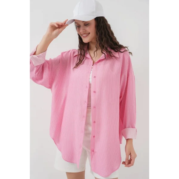 Çizgili Oversize Gömlek 20295  Pembe