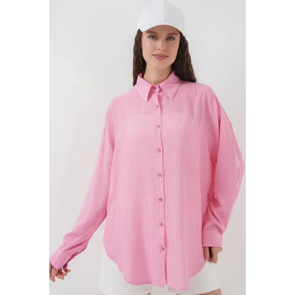 Çizgili Oversize Gömlek 20295  Pembe