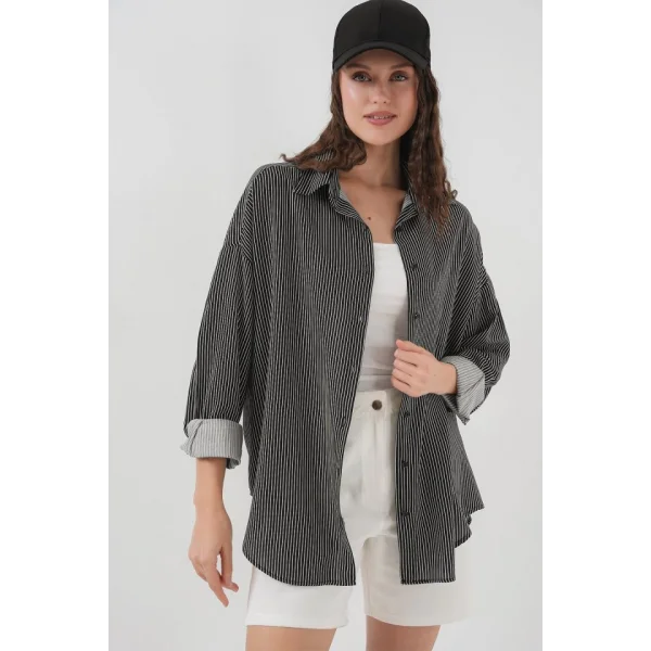 Çizgili Oversize Gömlek 20295  Siyah