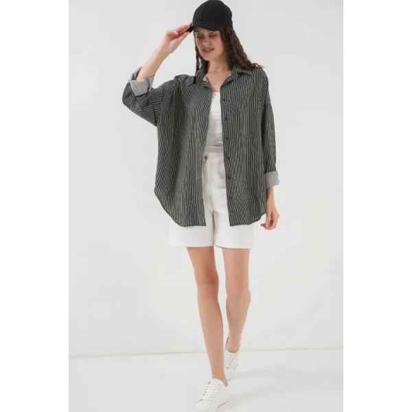 Çizgili Oversize Gömlek 20295  Siyah
