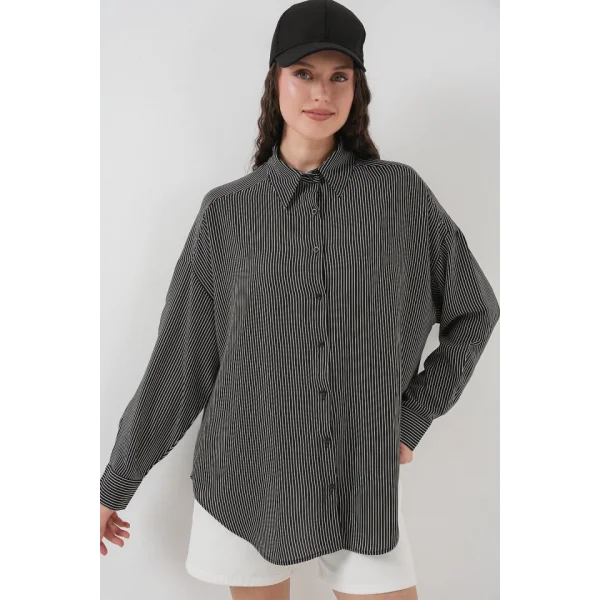 Çizgili Oversize Gömlek 20295  Siyah