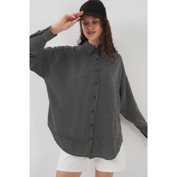 Çizgili Oversize Gömlek 20295  Siyah