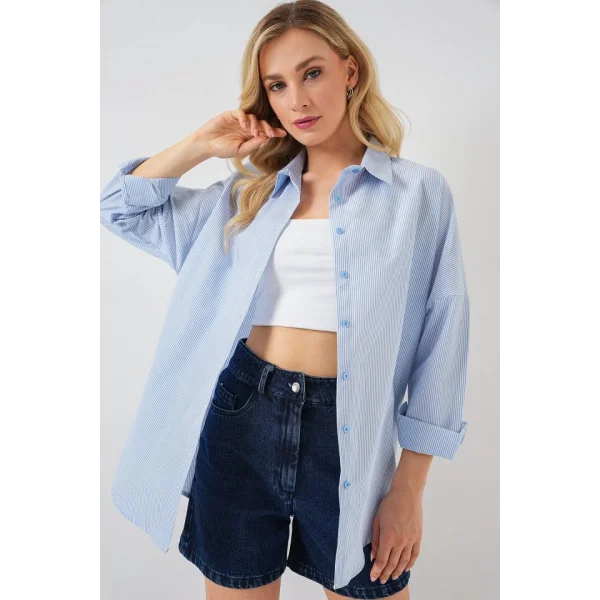 Çizgili Oversize Gömlek 20332 - Açık Mavi