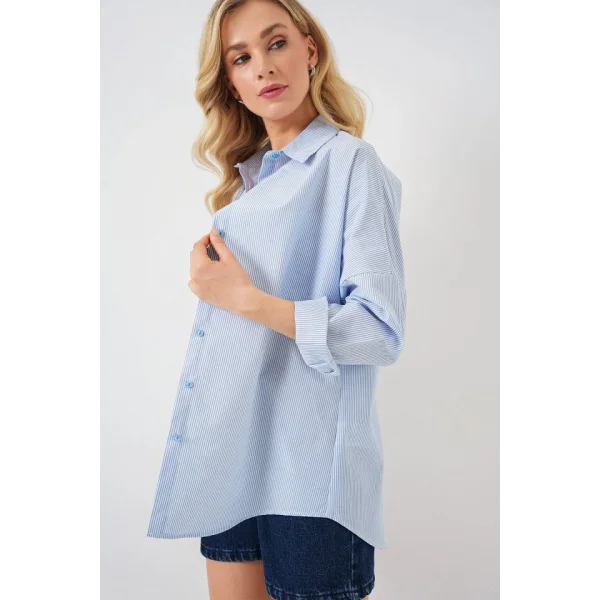 Çizgili Oversize Gömlek 20332 - Açık Mavi