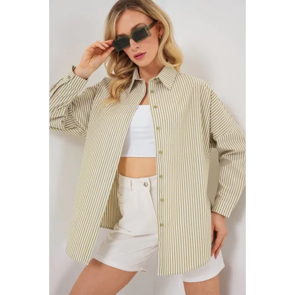 Çizgili Oversize Gömlek 20332 - Çağla
