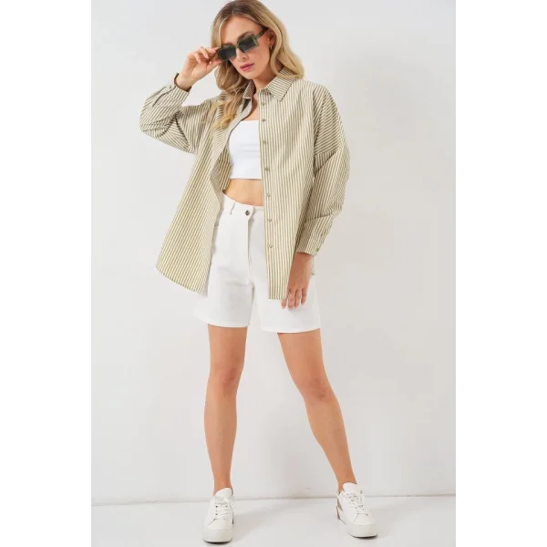Çizgili Oversize Gömlek 20332 - Çağla