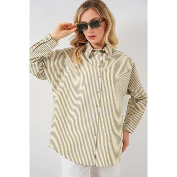 Çizgili Oversize Gömlek 20332 - Çağla
