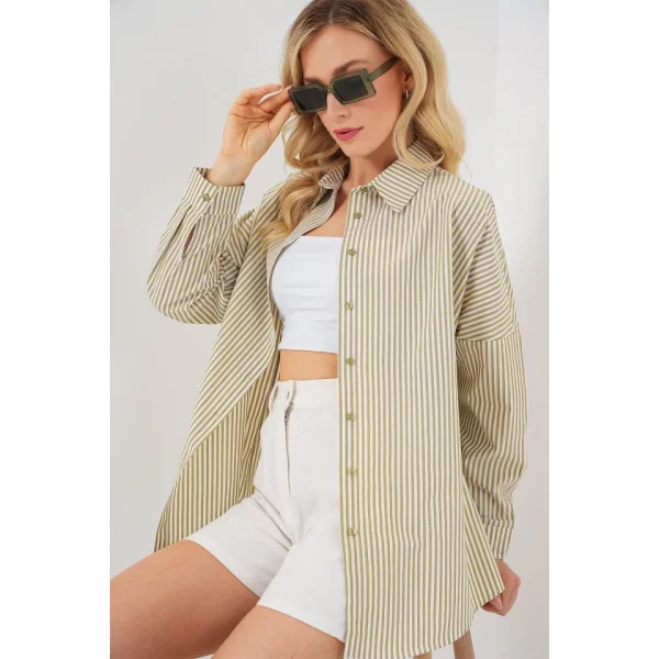 Çizgili Oversize Gömlek 20332 - Çağla