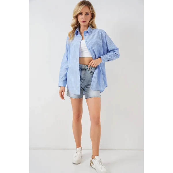 Çizgili Oversize Gömlek 20332 - Mavi