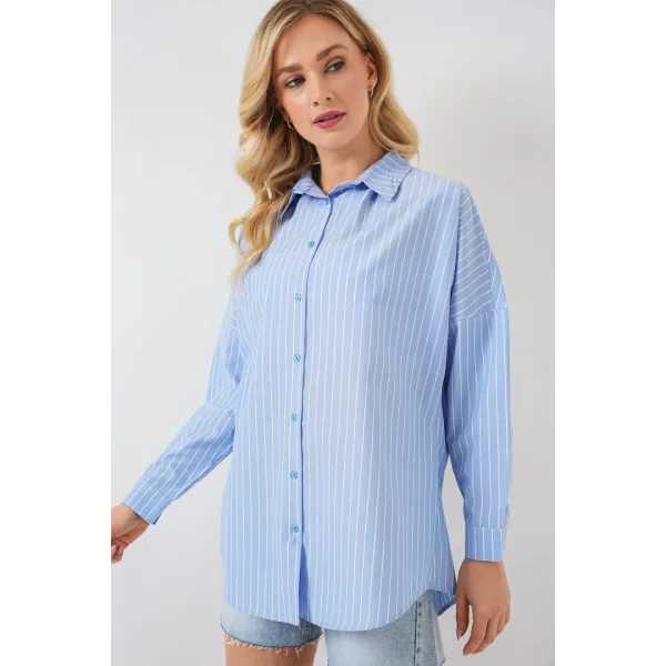 Çizgili Oversize Gömlek 20332 - Mavi