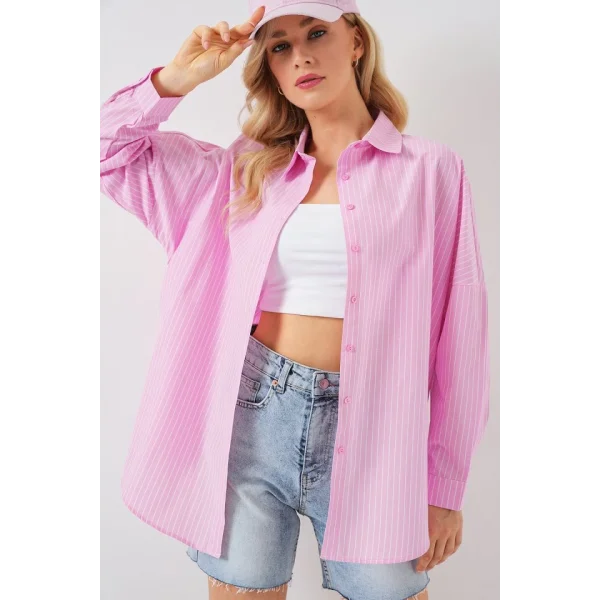 Çizgili Oversize Gömlek 20332 - Pembe