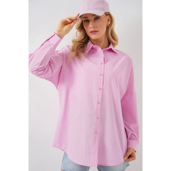 Çizgili Oversize Gömlek 20332 - Pembe