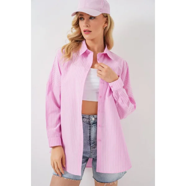 Çizgili Oversize Gömlek 20332 - Pembe