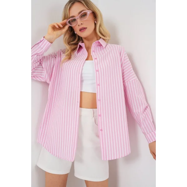 Çizgili Oversize Gömlek 20332 - Pudra