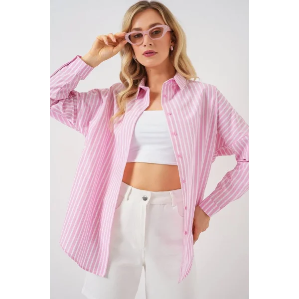 Çizgili Oversize Gömlek 20332 - Pudra