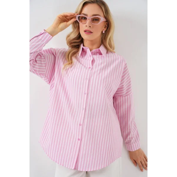 Çizgili Oversize Gömlek 20332 - Pudra