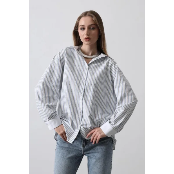 Çizgili Oversize Gömlek  Açık avi