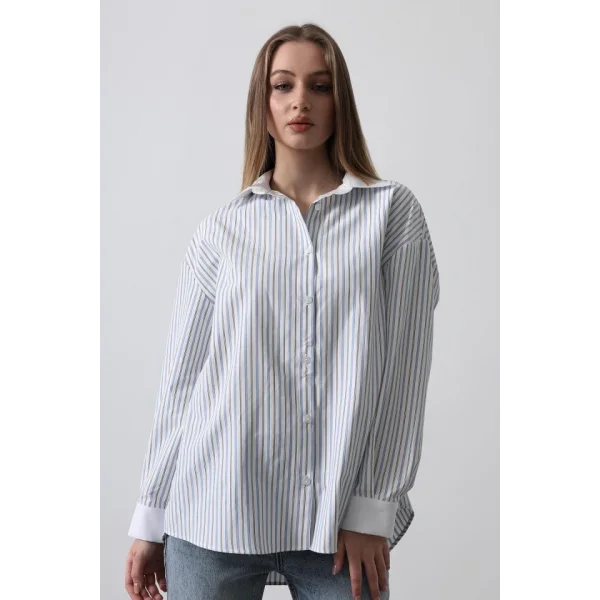 Çizgili Oversize Gömlek  Açık avi