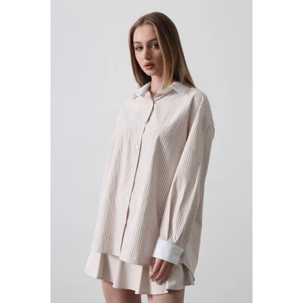 Çizgili Oversize Gömlek  Bej