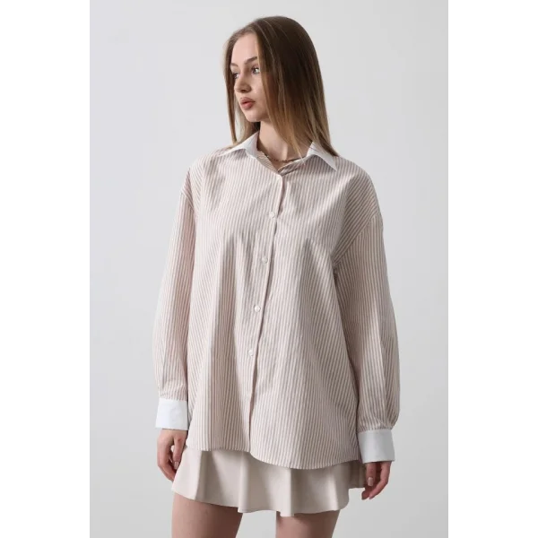 Çizgili Oversize Gömlek  Bej