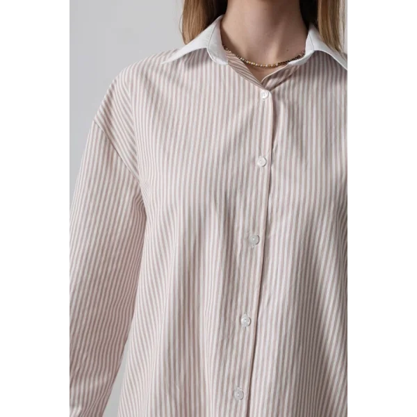 Çizgili Oversize Gömlek  Bej