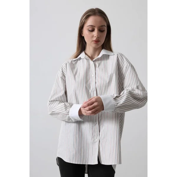 Çizgili Oversize Gömlek  Taş