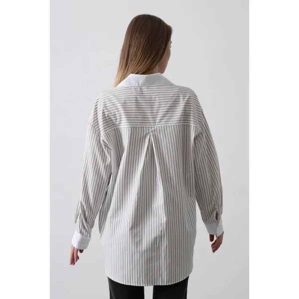 Çizgili Oversize Gömlek  Taş