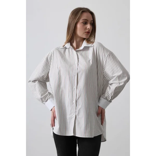 Çizgili Oversize Gömlek  Taş