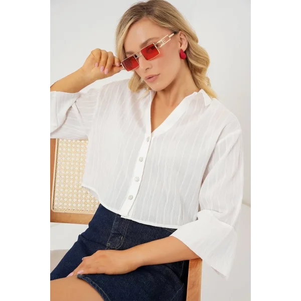 Çizgili Oversize Kısa Gömlek 20326 - Beyaz