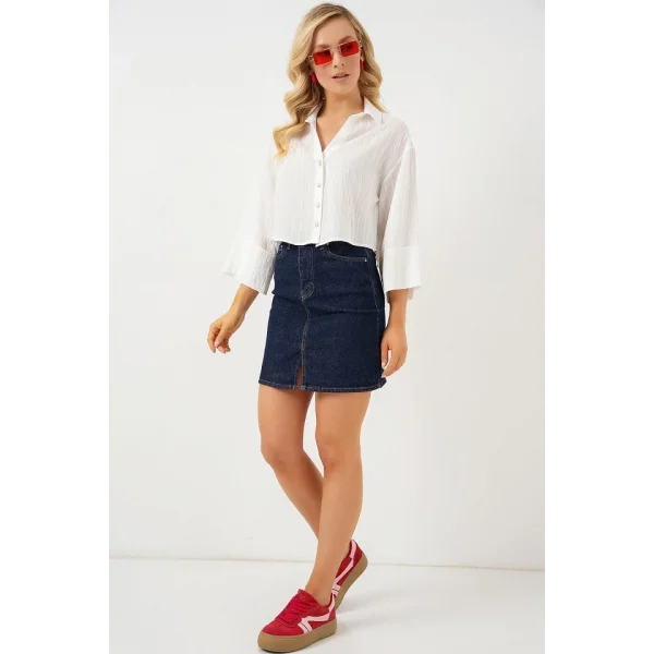 Çizgili Oversize Kısa Gömlek 20326 - Beyaz