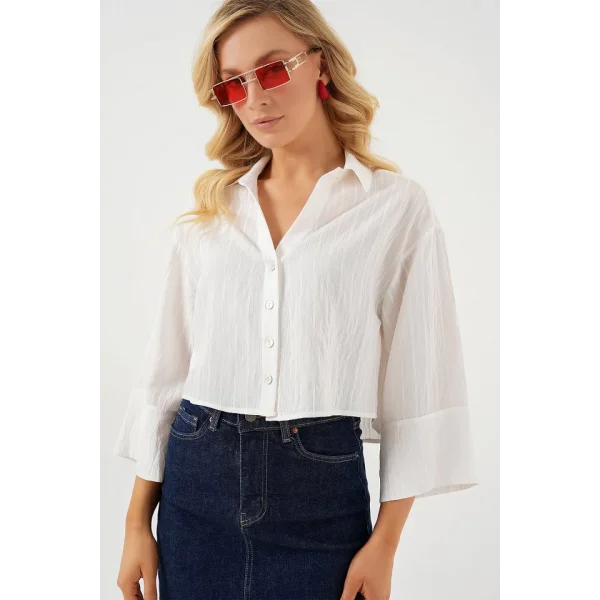 Çizgili Oversize Kısa Gömlek 20326 - Beyaz